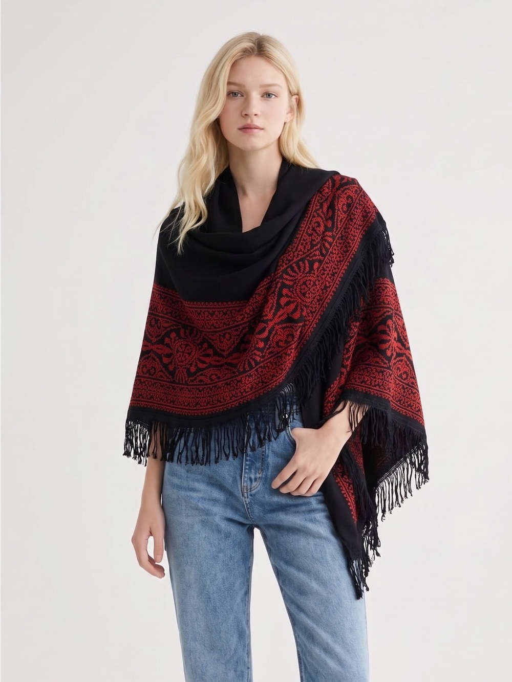 Black & Red Fringed Embroidered Shawl Poncho. Folk, Artsy, bohemian